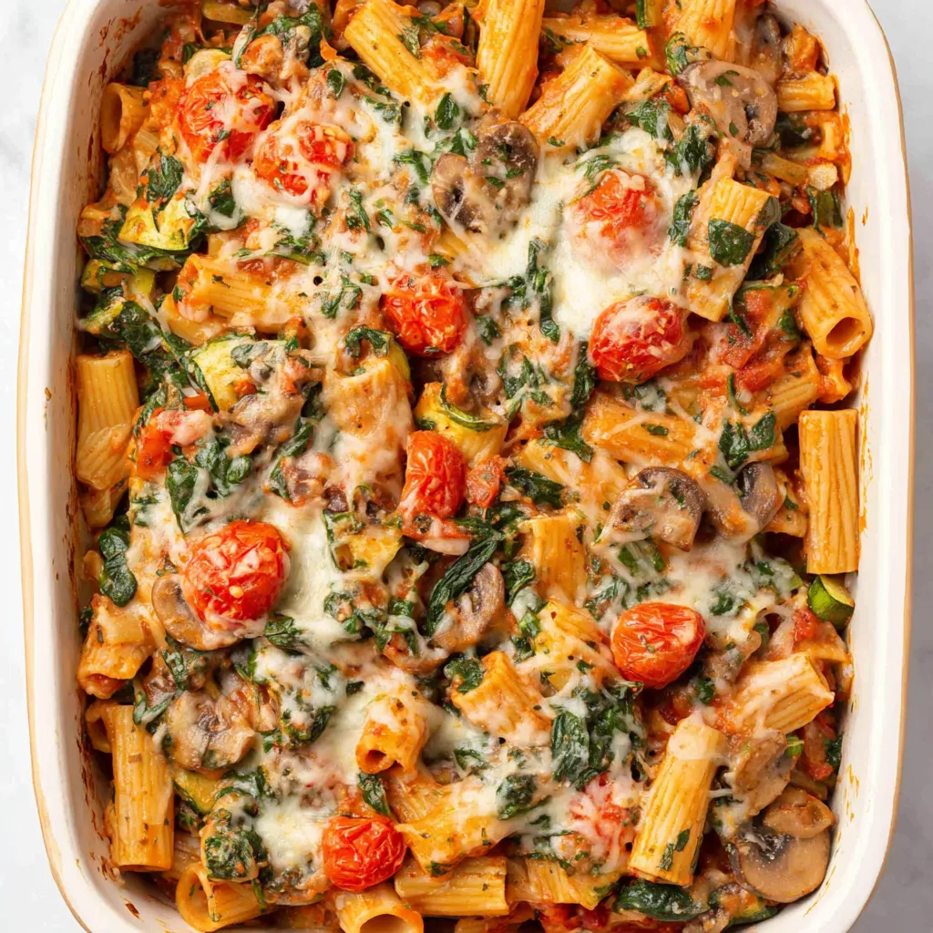 A dish of pasta with mushrooms and tomatoes.