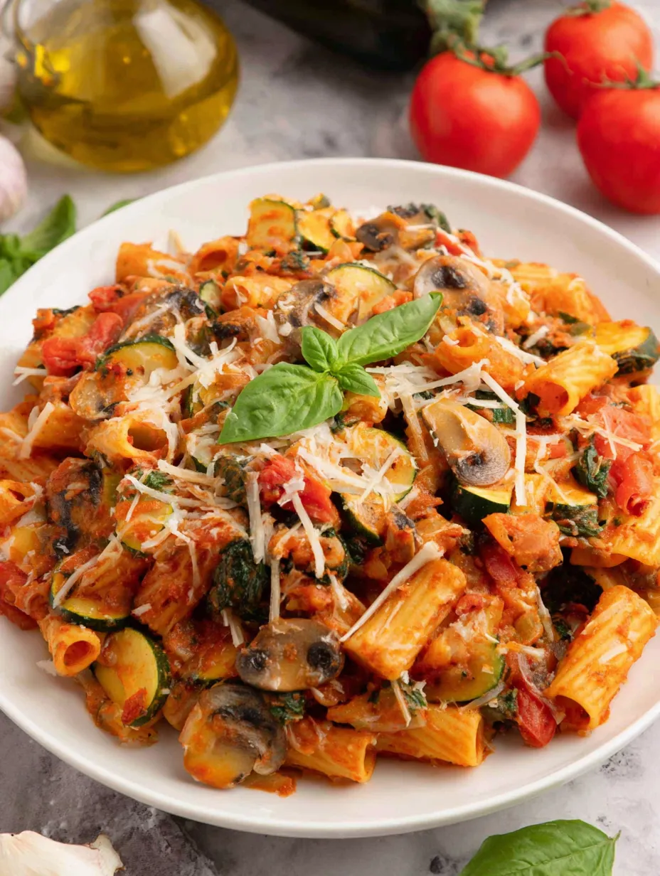 A plate of pasta with mushrooms and spinach.