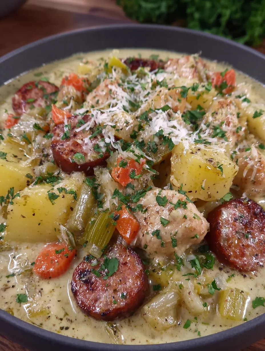 A bowl of creamy chicken sausage potato stew.