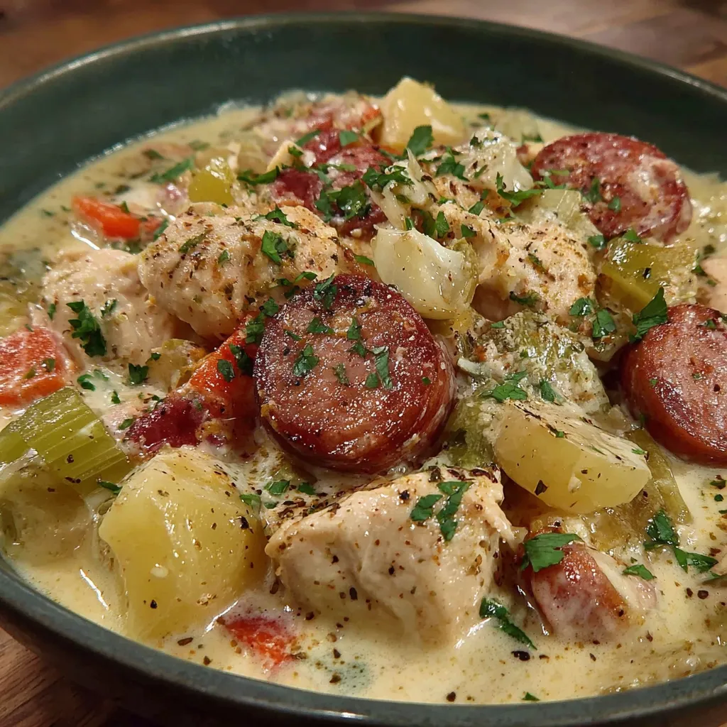 A bowl of creamy chicken sausage potato stew.