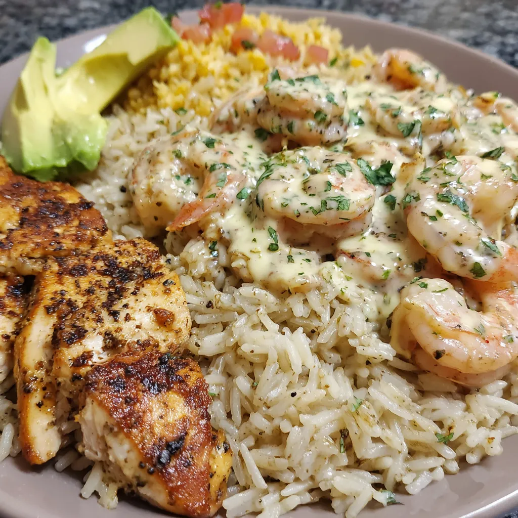 A plate of rice with shrimp and chicken.