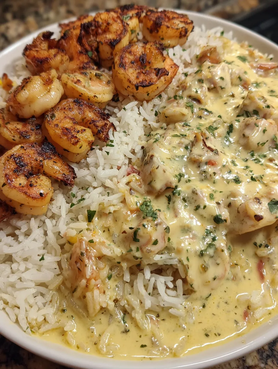 A plate of rice with shrimp and chicken.
