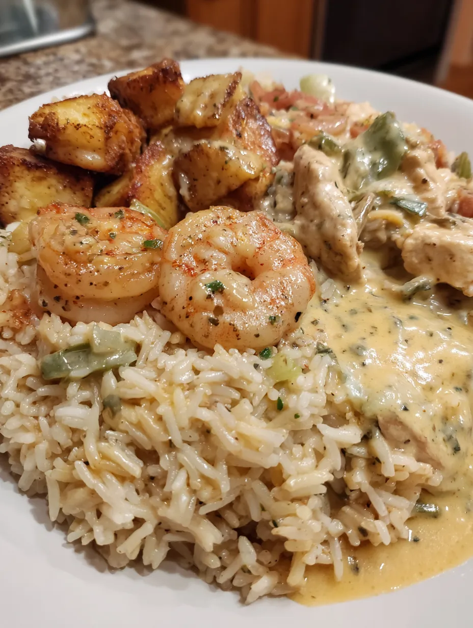 A plate of food with rice, shrimp, and chicken.
