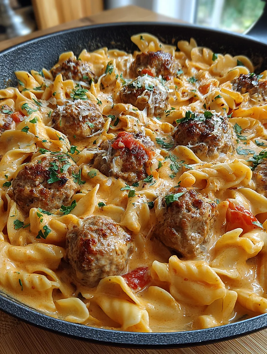 A delicious one-pot meal of creamy cajun meatballs and pasta.