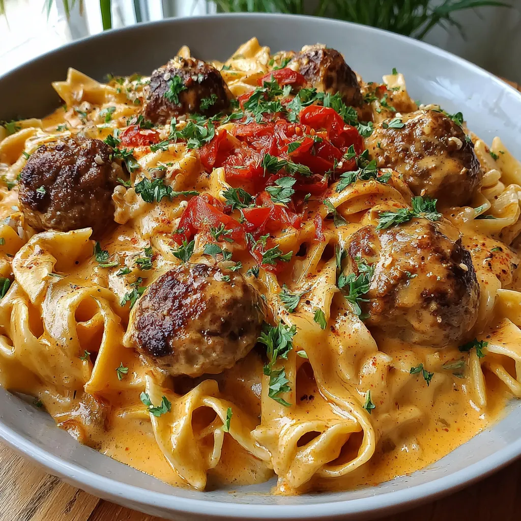 A plate of pasta with meatballs and tomatoes.