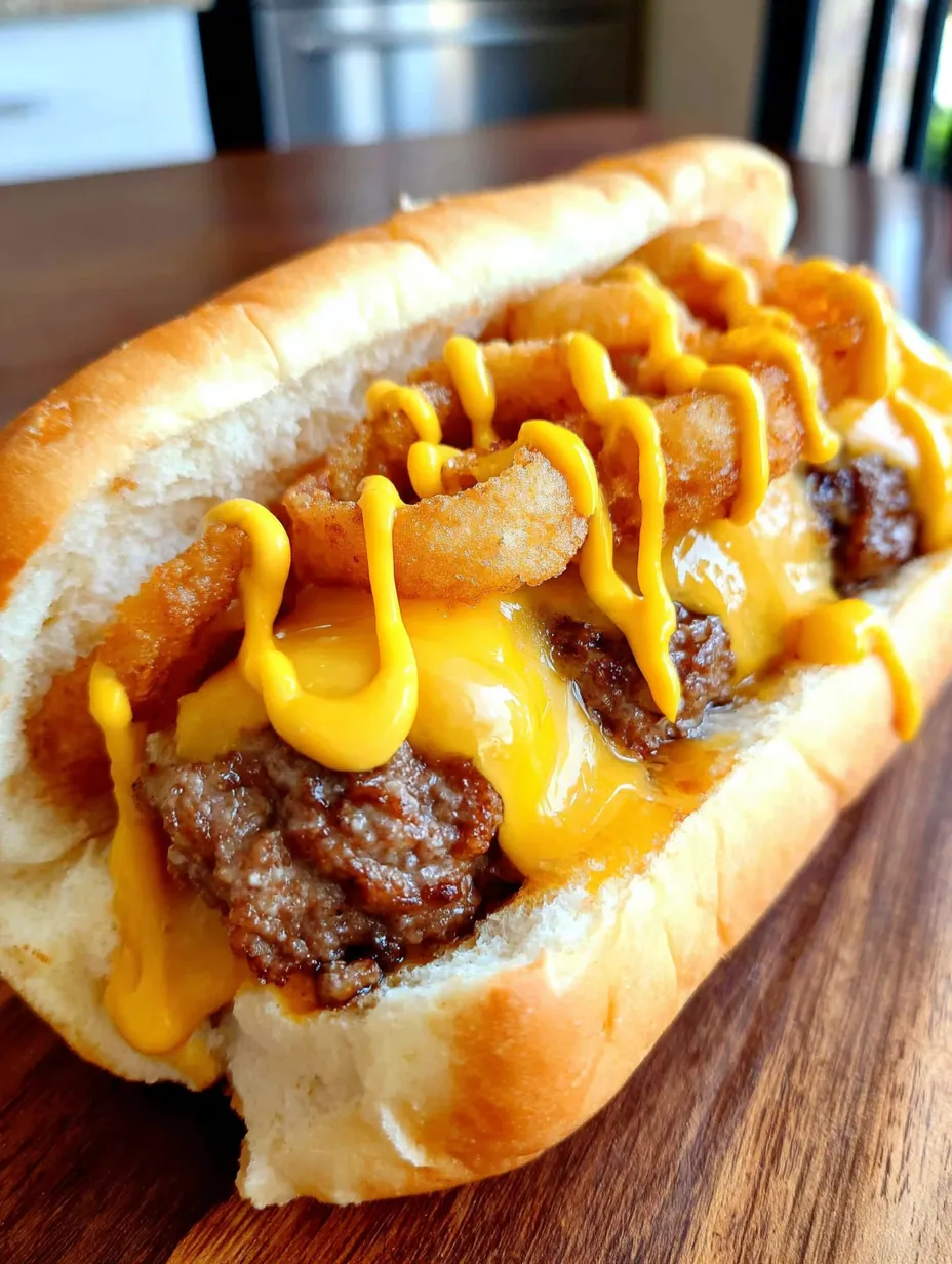A hot dog with cheese and mustard.
