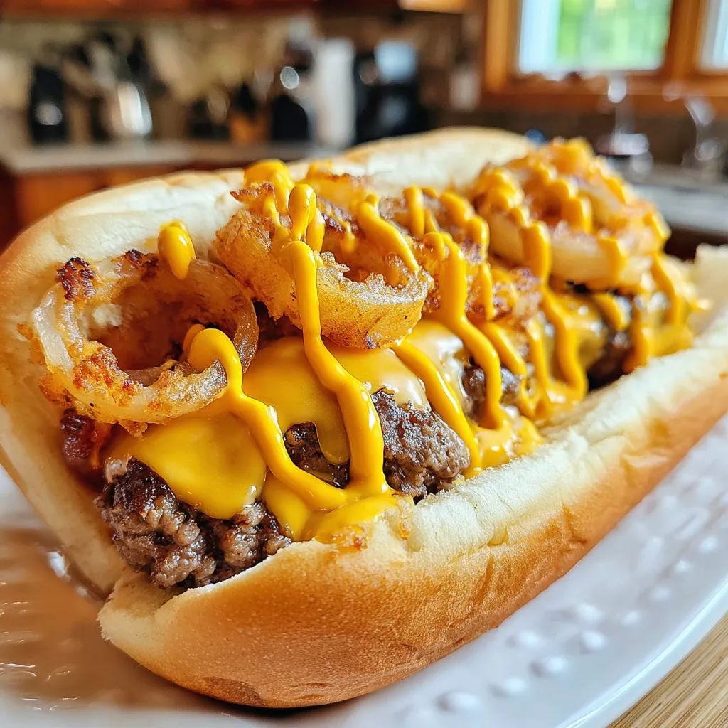 A hot dog with onions and mustard.