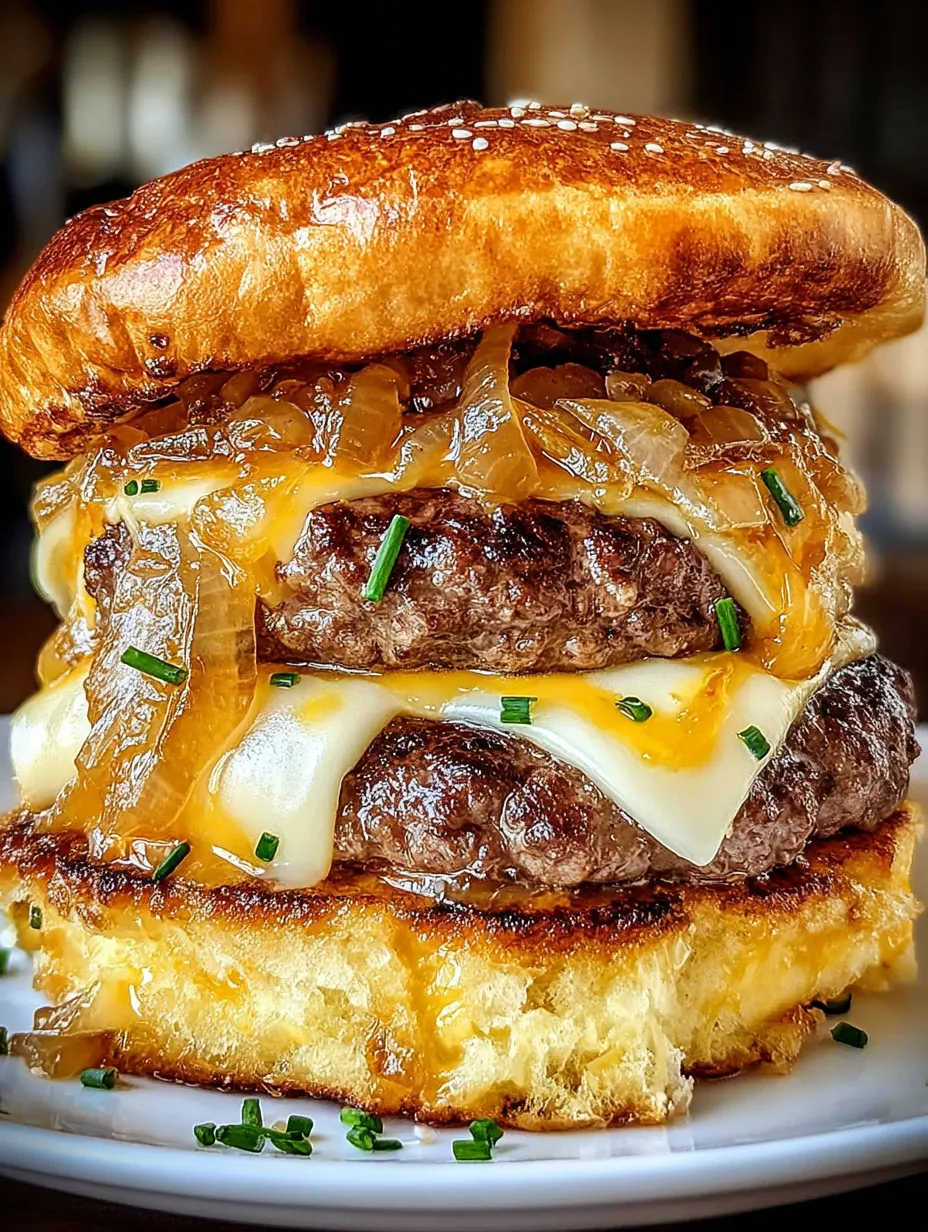 A caramelized onion burger with cheese.