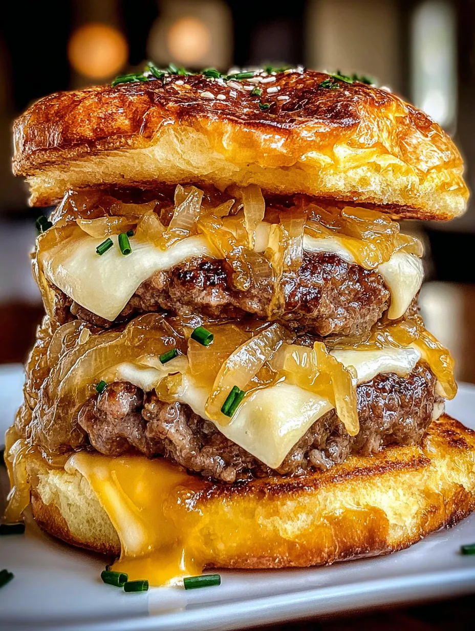 A burger with caramelized onions on top.