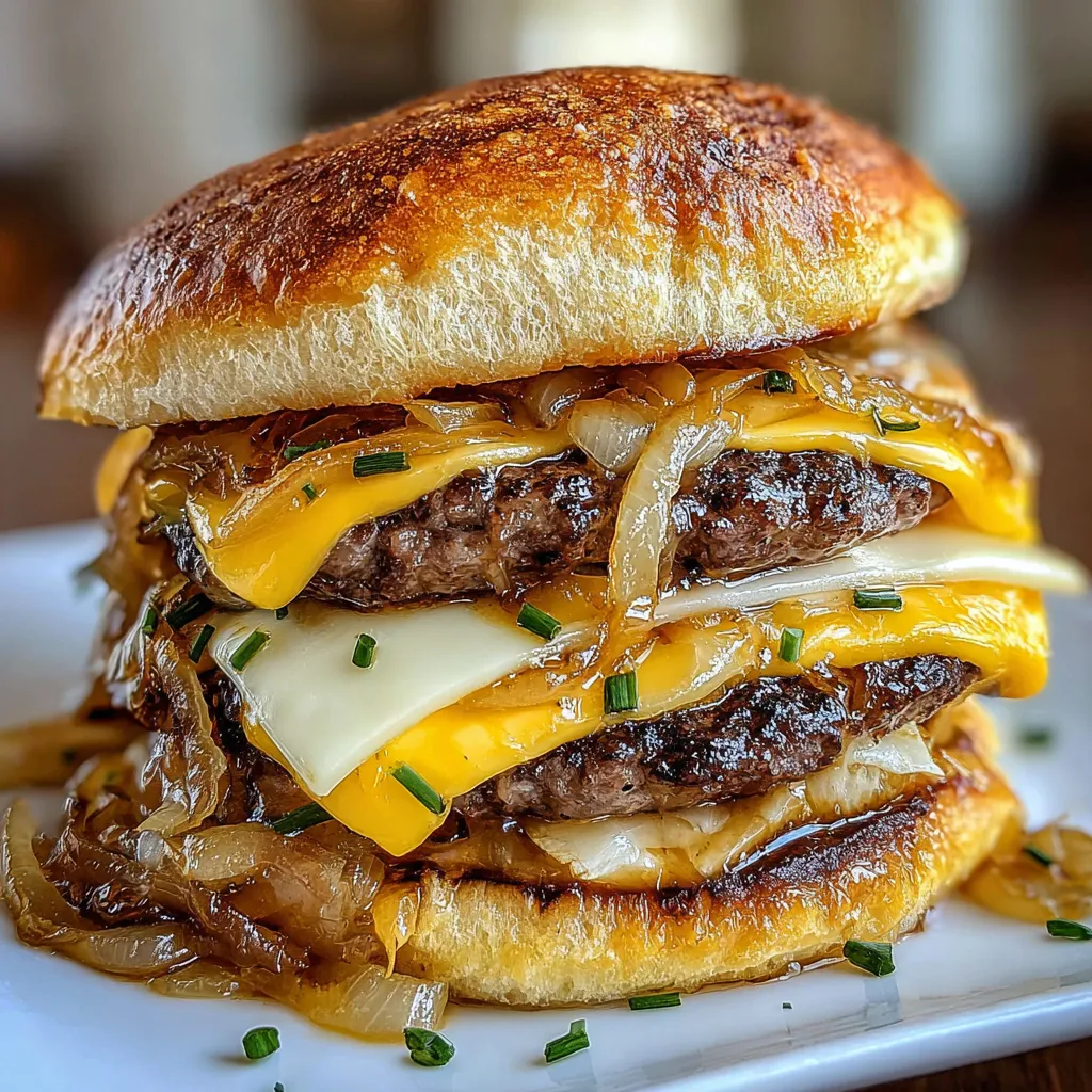 A burger with caramelized onions on top.