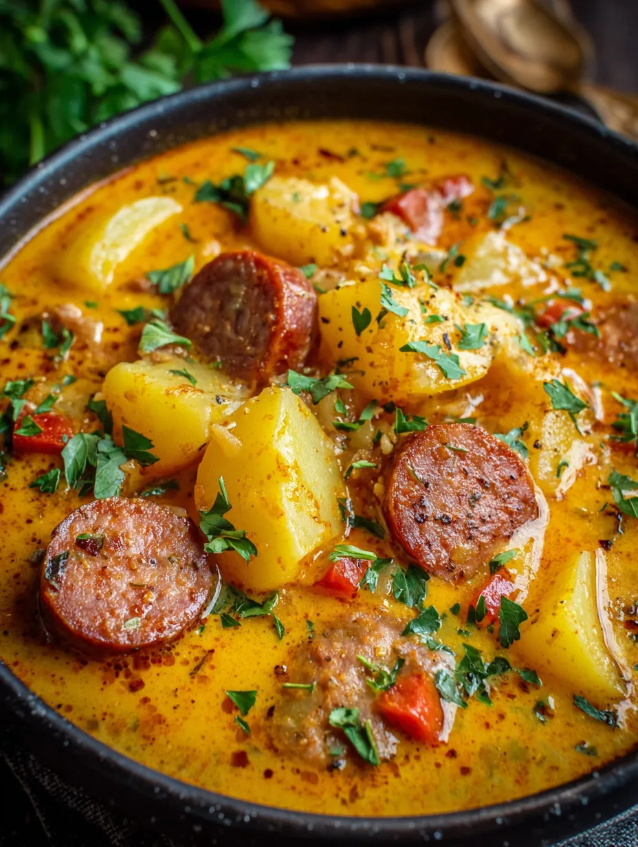 A bowl of Cajun potato soup with sausage and vegetables.