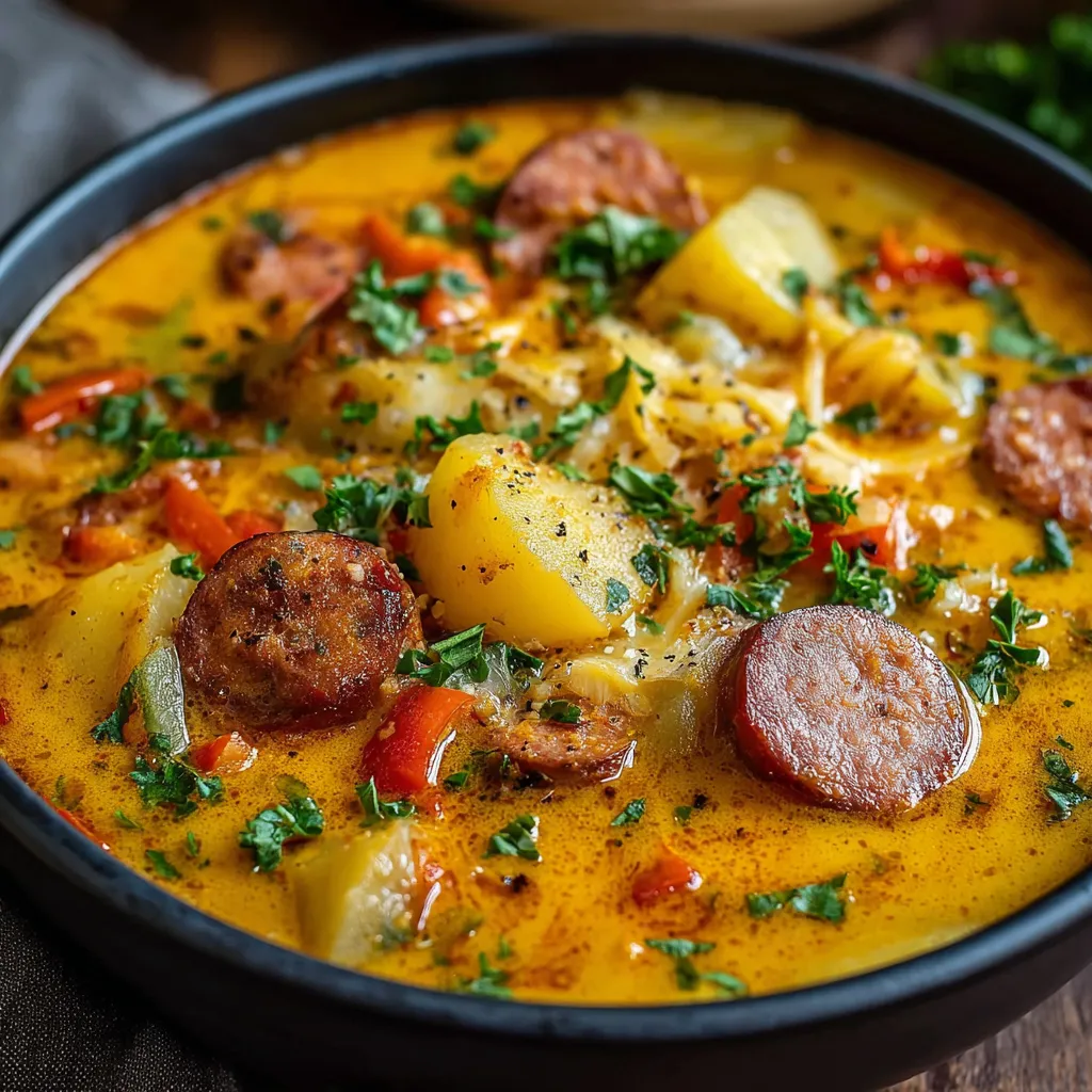 A bowl of Cajun potato soup with sausage and vegetables.