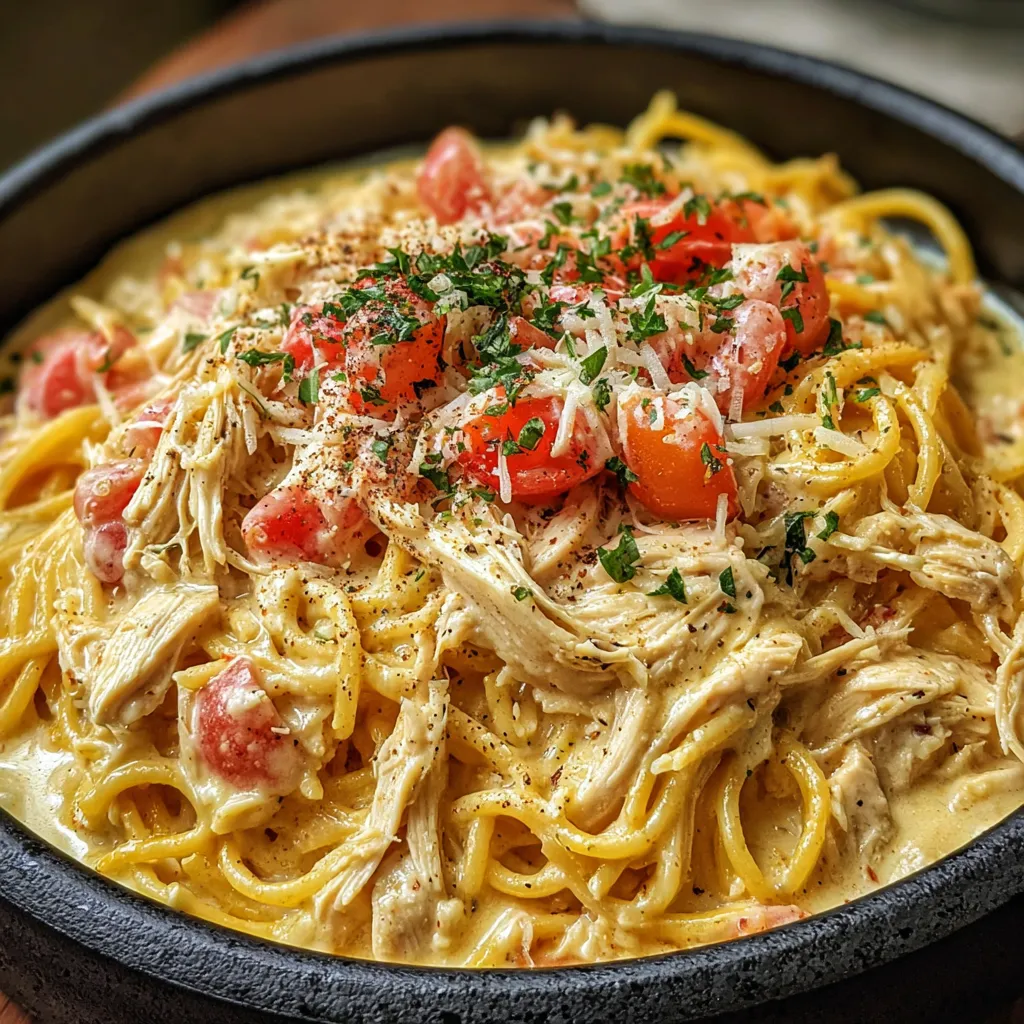 A bowl of spaghetti with chicken and tomatoes.