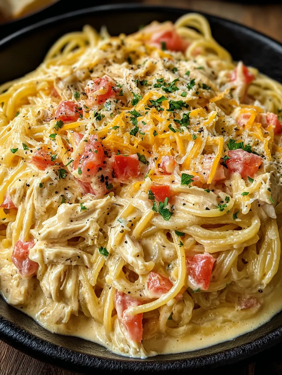 A bowl of creamy crockpot chicken spaghetti.