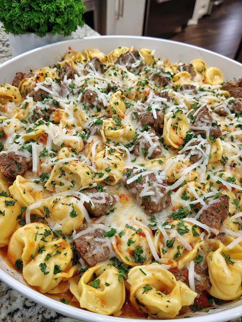 A delicious looking casserole with pasta, meat, and cheese.