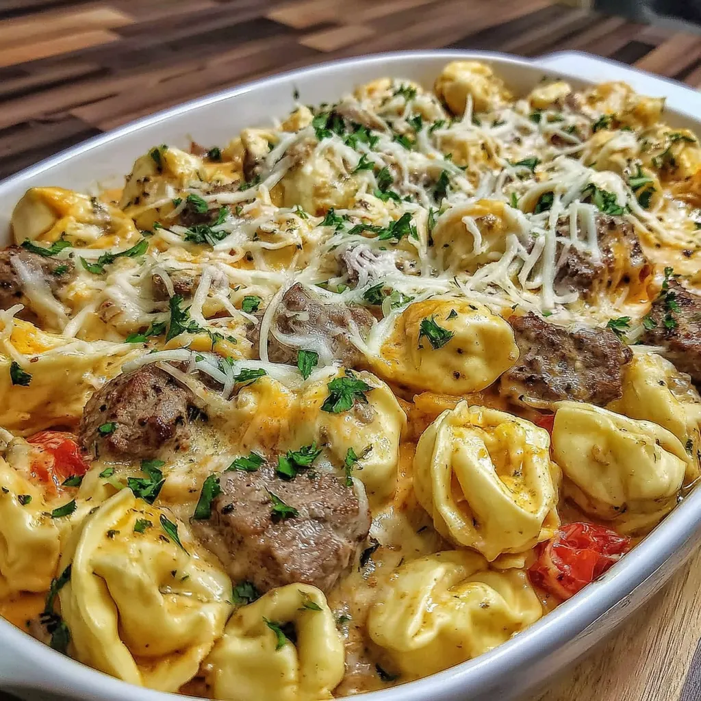 A delicious golden cheese steak tortellini casserole.