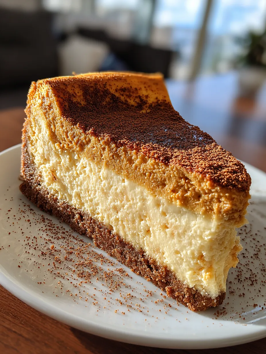 A slice of pumpkin chai spiced cheesecake on a plate.