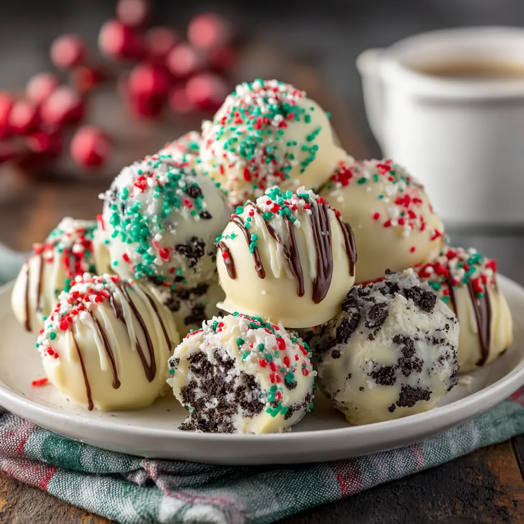 A plate of Christmas Oreo balls.