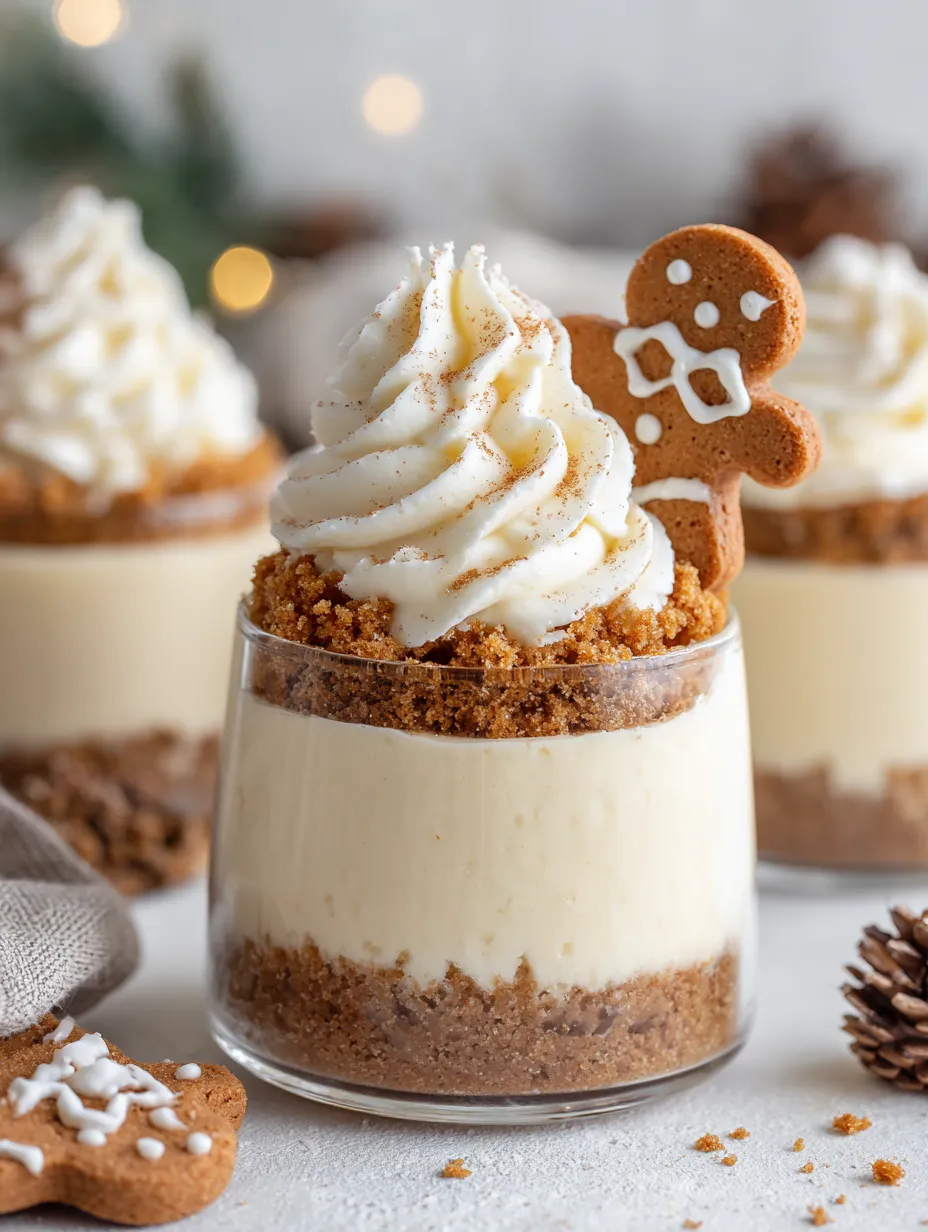 A cup of gingerbread cheesecake with a cookie on top.