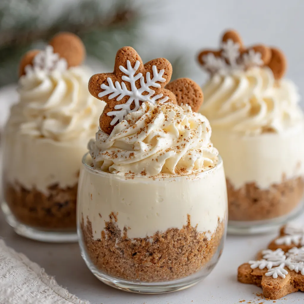 Three small cups of gingerbread cheesecake with white frosting and cookie crumbs on top.