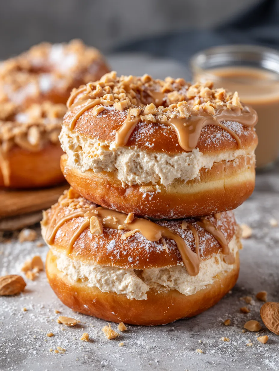Three donuts with peanut butter and cheesecake toppings.