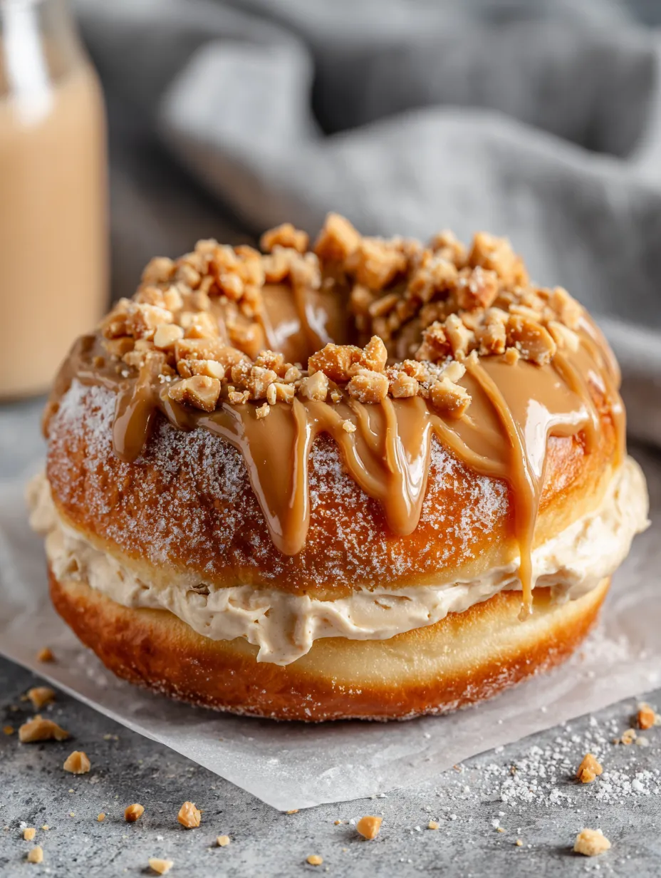 A donut with peanut butter and chocolate drizzle.