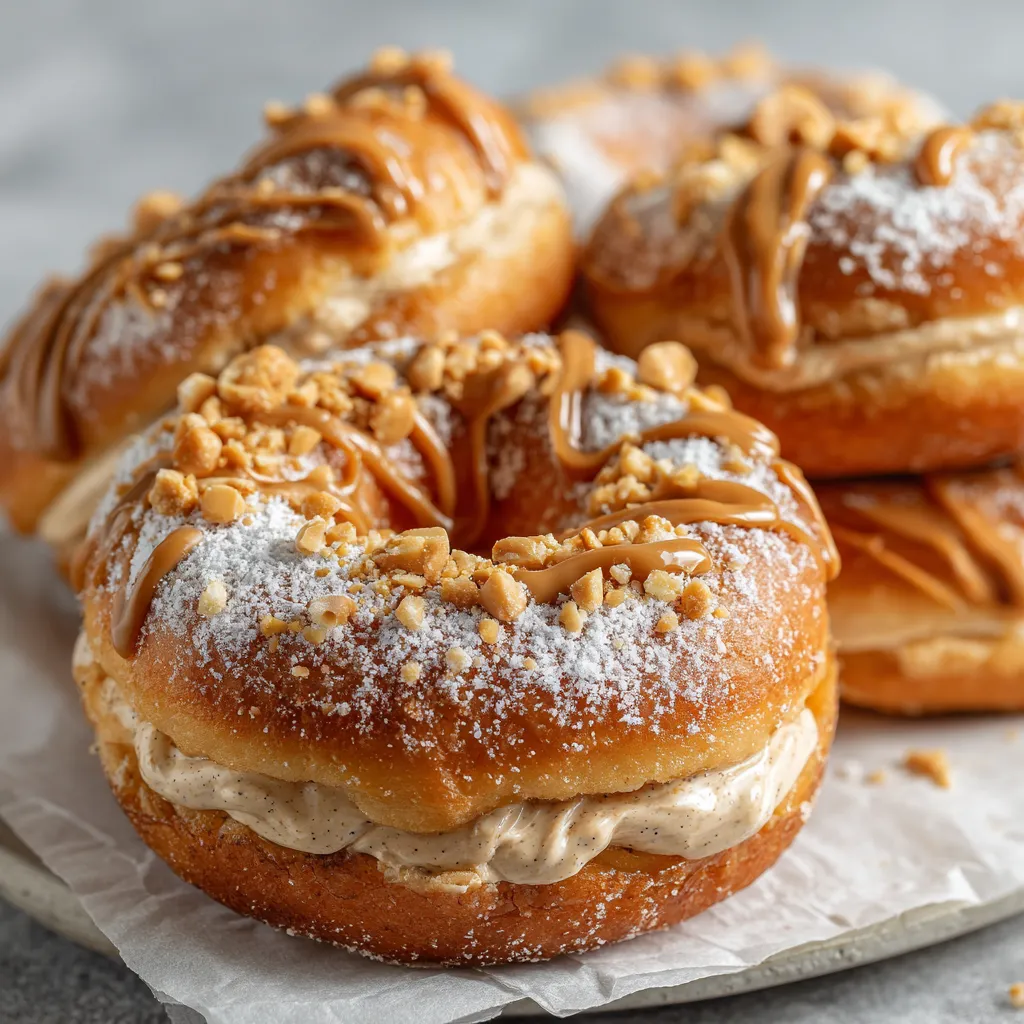 Peanut butter cheesecake donuts on a plate.