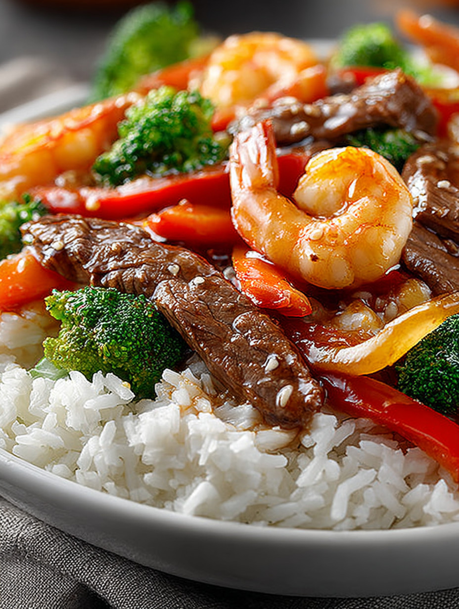A plate of food with shrimp and beef.