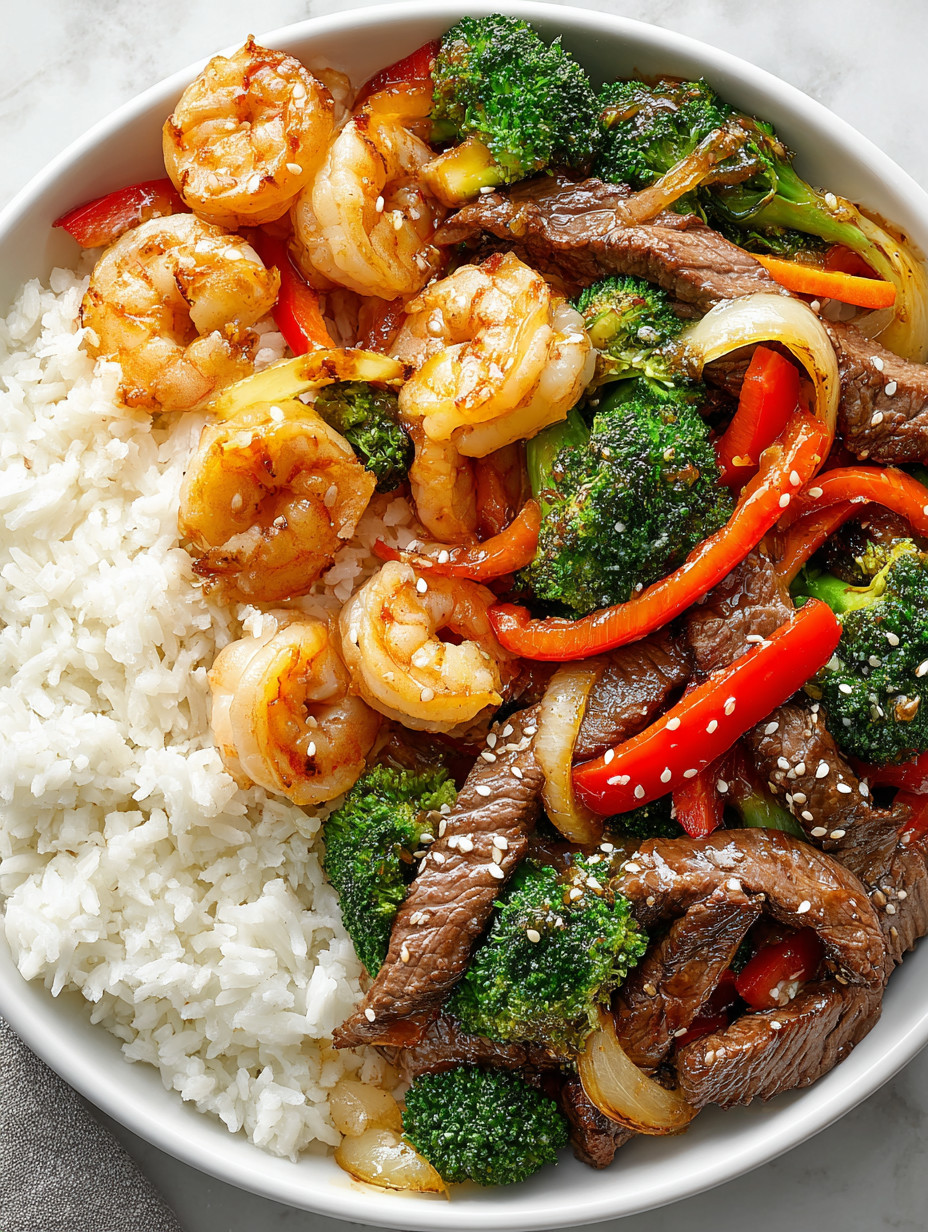 A bowl of food with shrimp, beef, and broccoli.