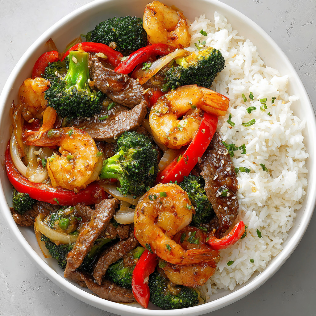 A bowl of shrimp and broccoli stir fry.