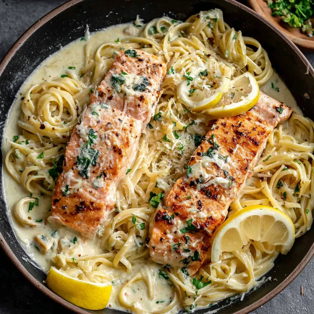 A bowl of creamy garlic salmon pasta.