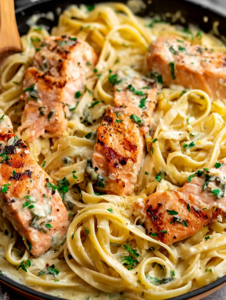 A dish of creamy garlic salmon pasta.