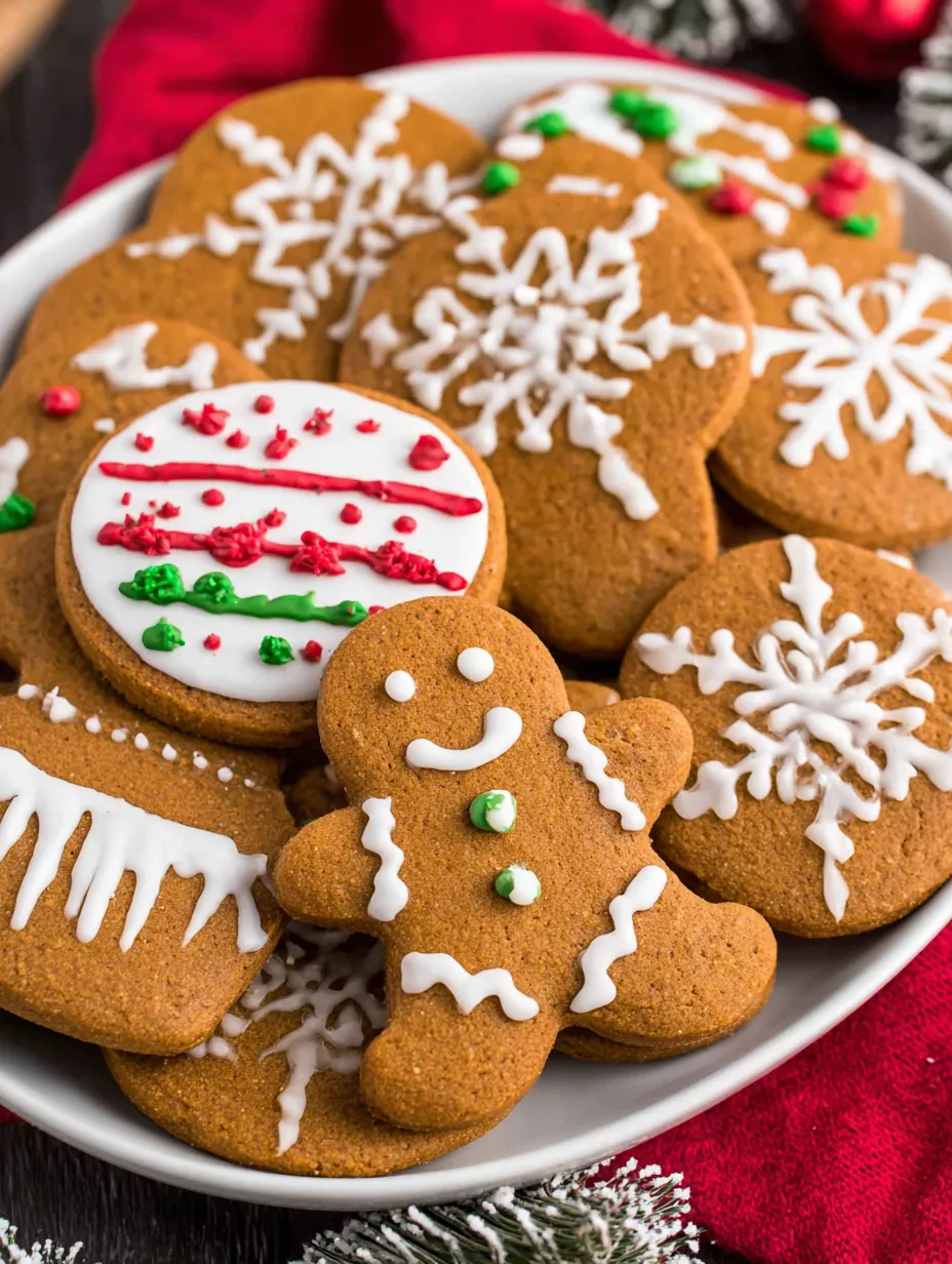 A plate of gingerbread cookies with white icing and red and green decorations.