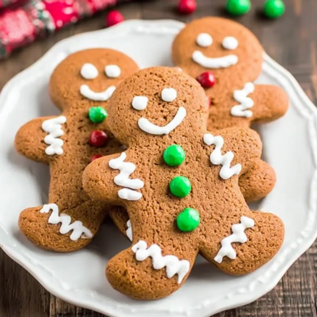 Three gingerbread cookies with green and red icing.