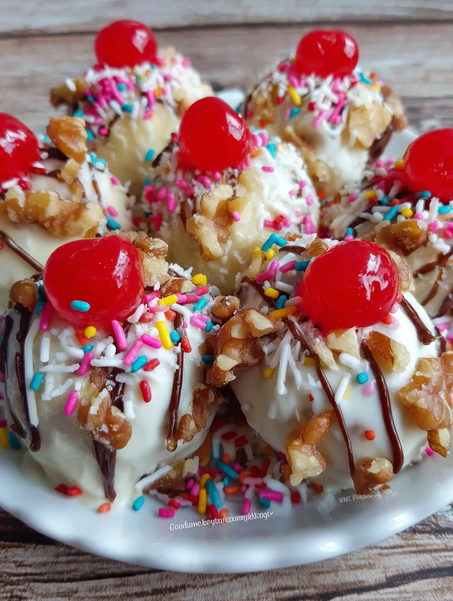 A plate of banana truffles with chocolate and sprinkles.