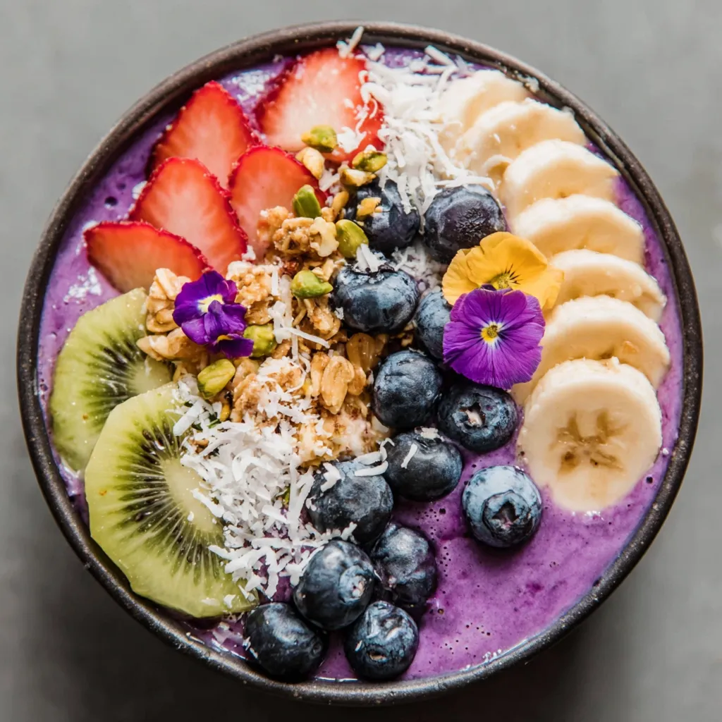 A bowl of fruit and nuts with a blueberry on top.