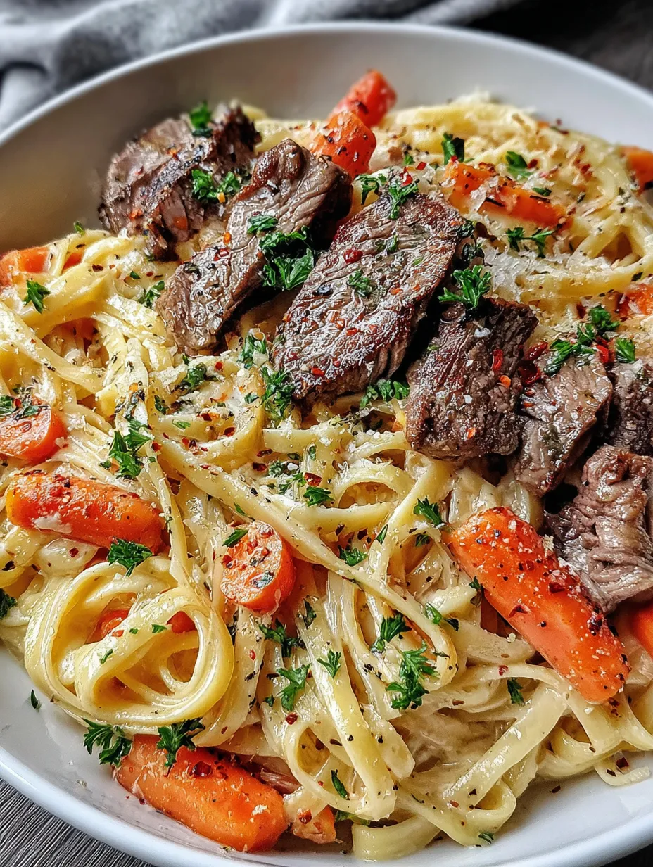 A plate of pasta with meat and carrots.