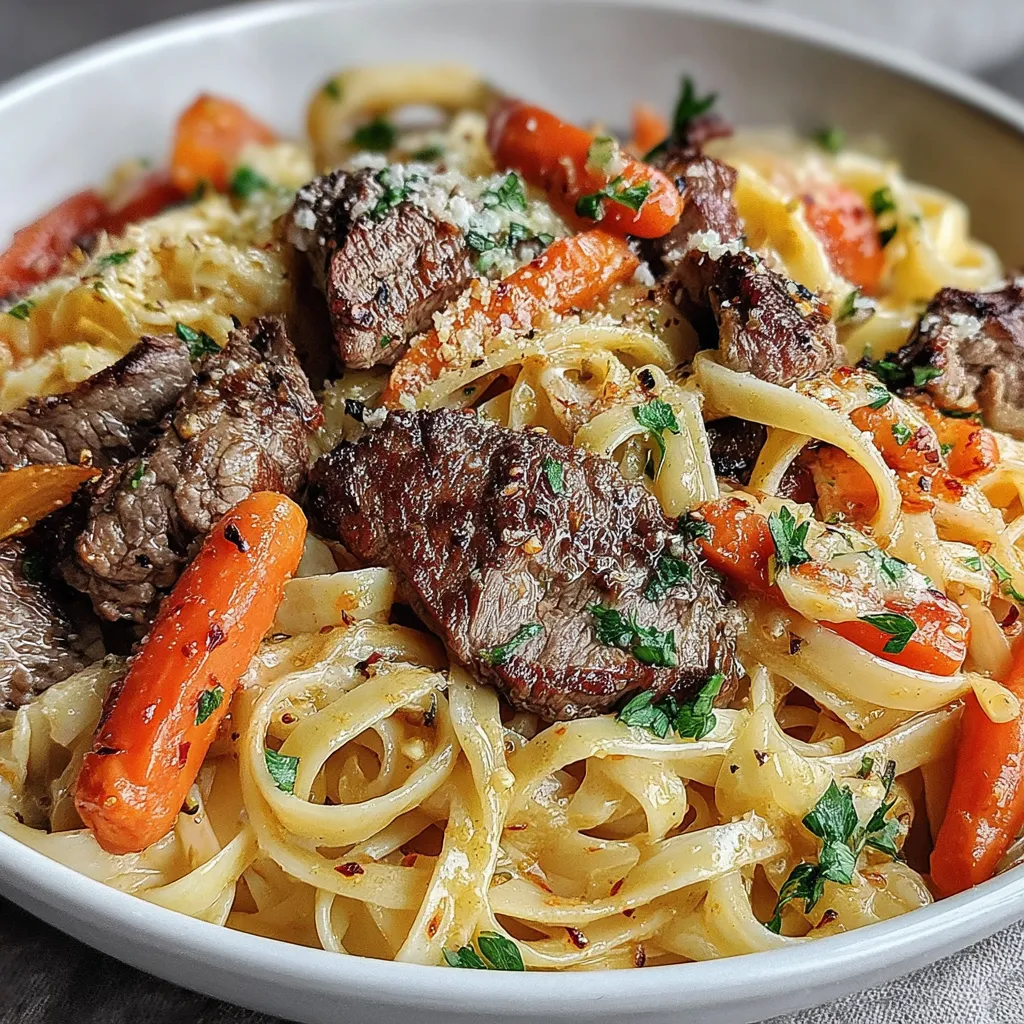 A bowl of pasta with meat and carrots.
