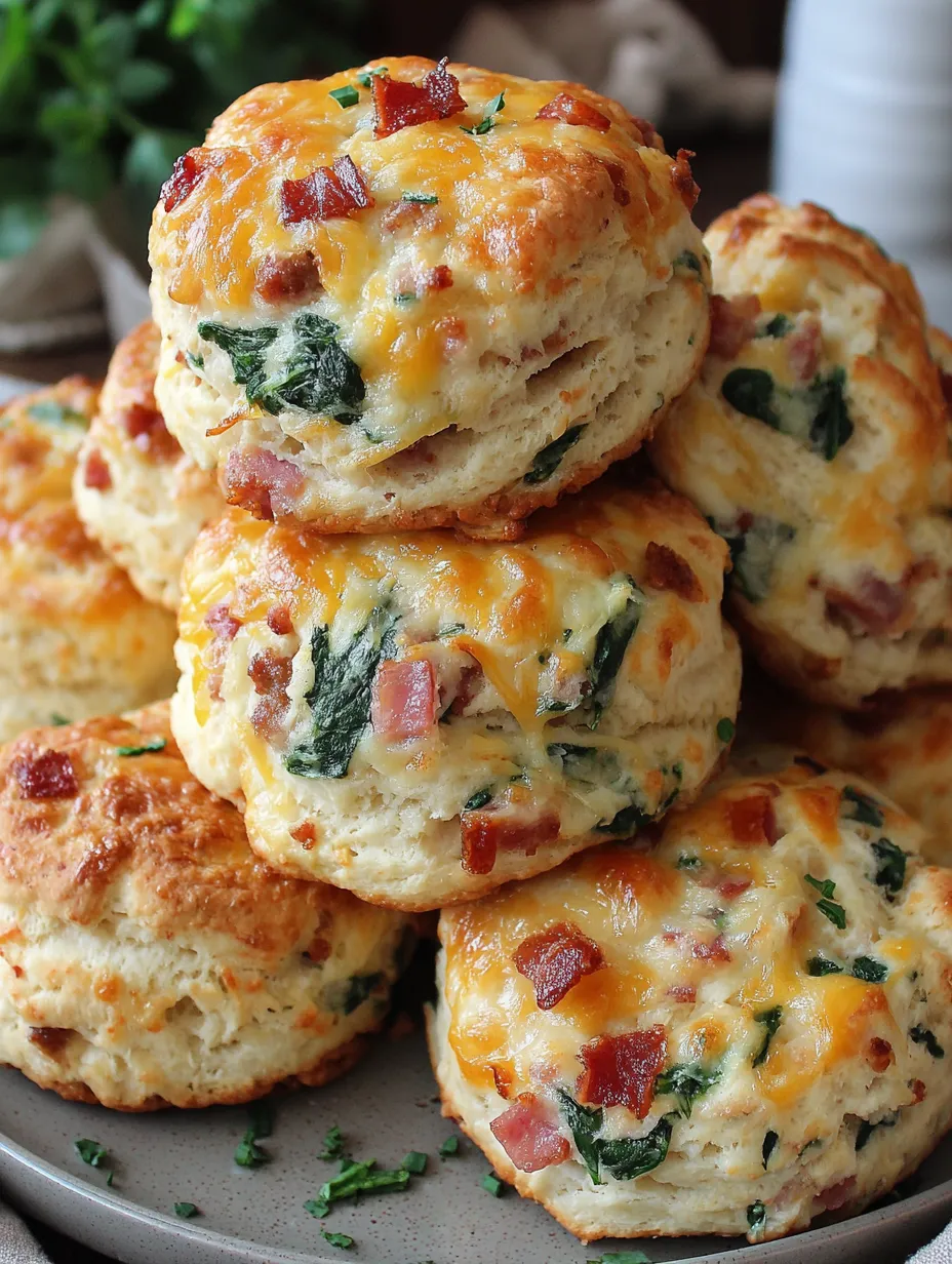 A stack of biscuits with cheese and bacon.