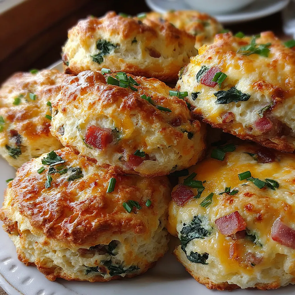 A plate of biscuits with cheese and spinach.