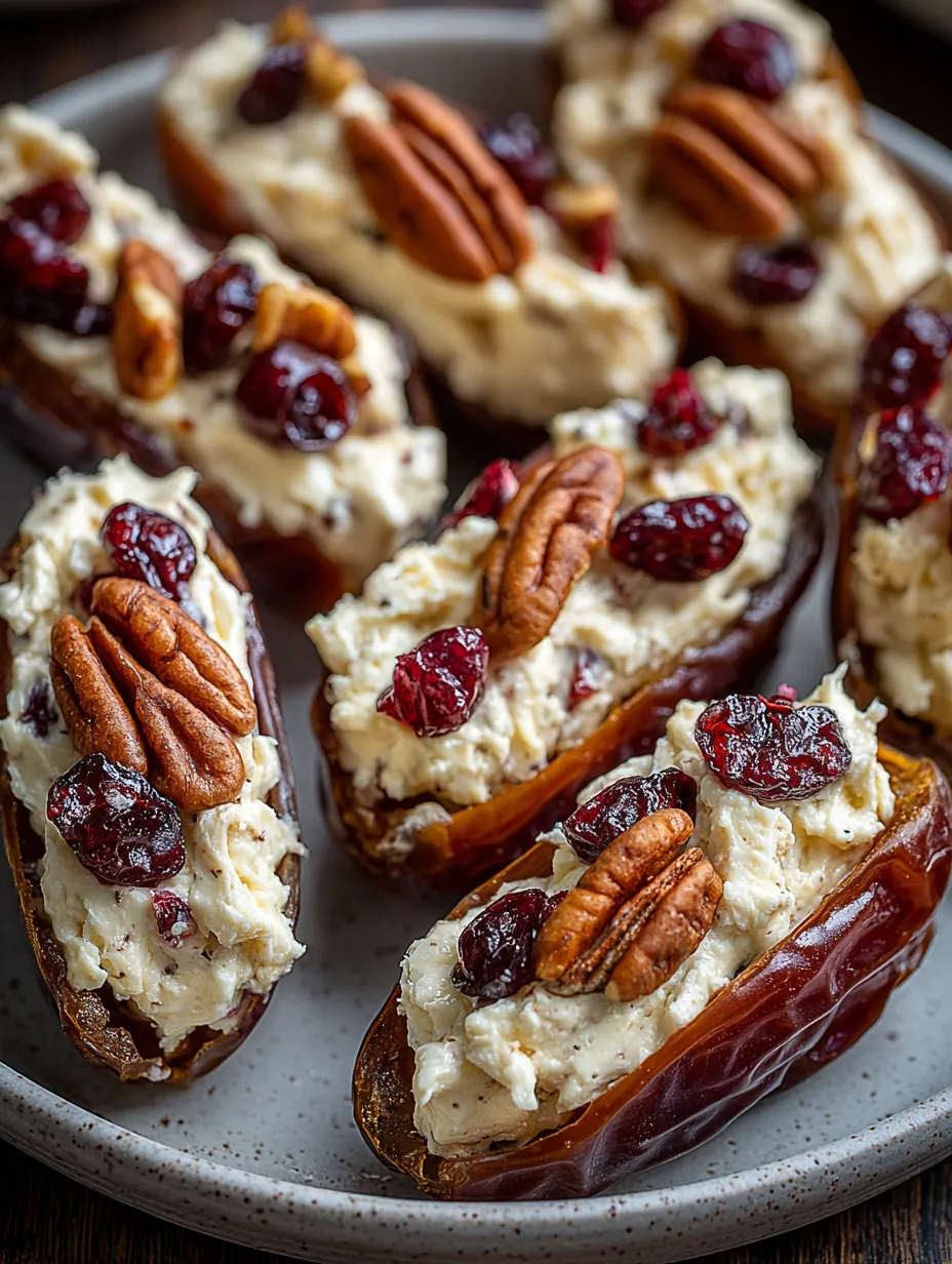 Dates stuffed with cream cheese and pecans.