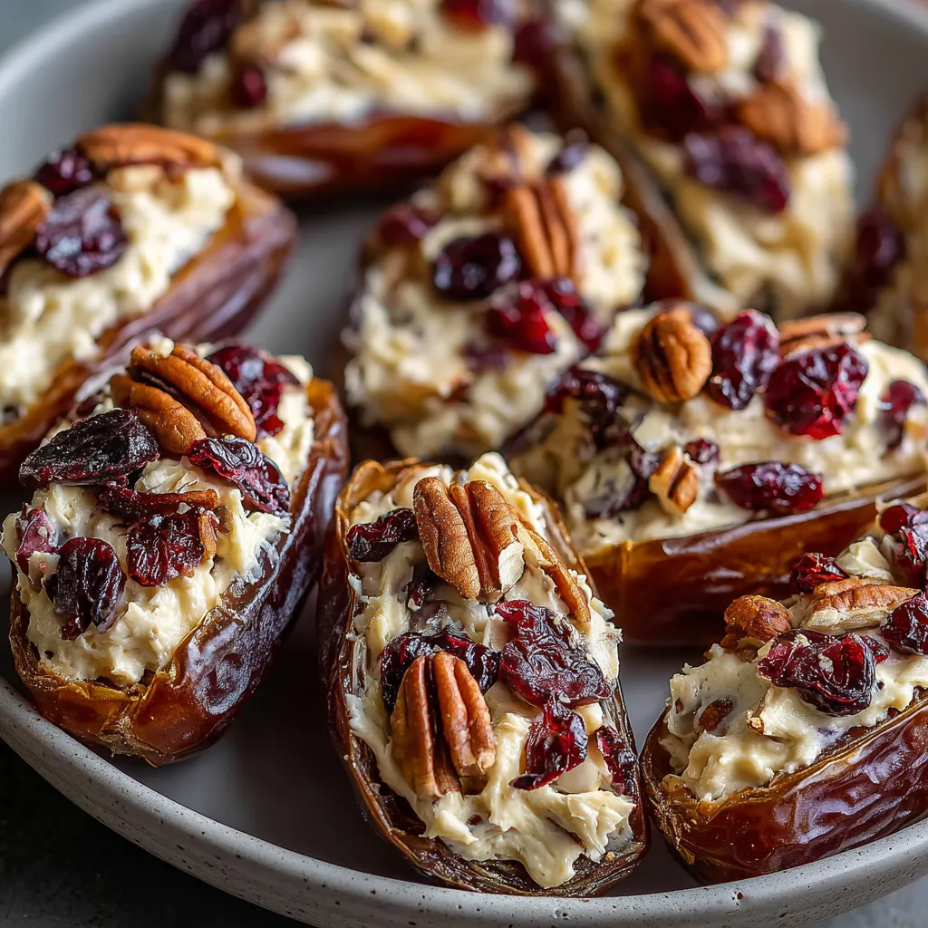 A plate of cranberry pecan cream cheese stuffed dates.