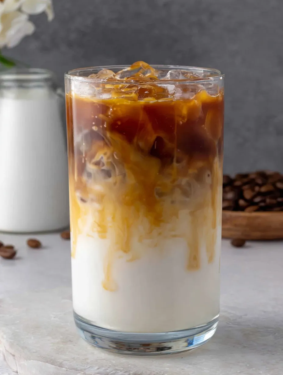 A glass of iced caramel macchiato.