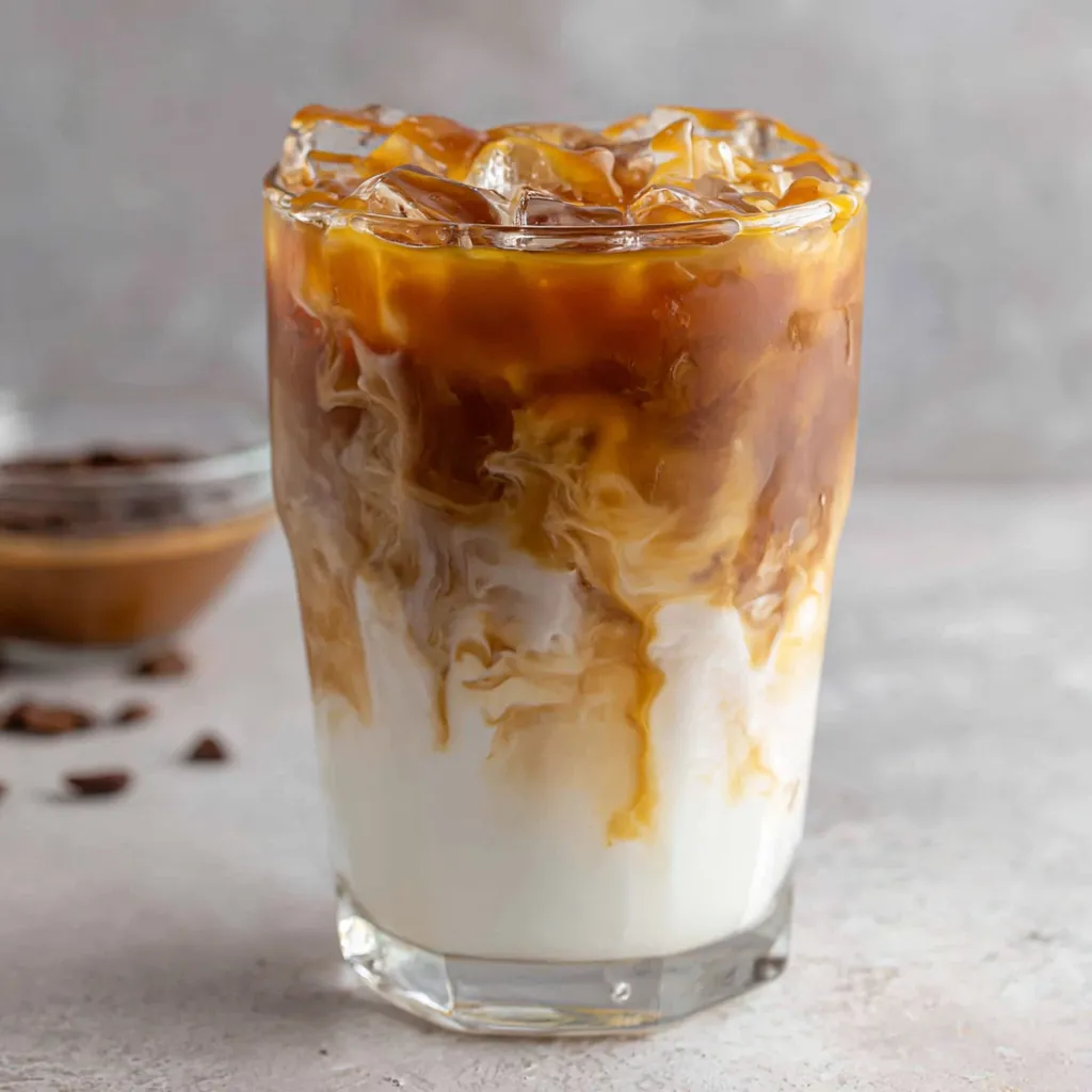 A glass of iced caramel macchiato.