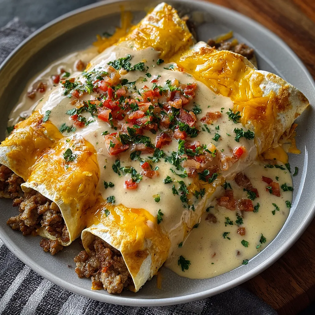 A plate of food with a sausage gravy on top.