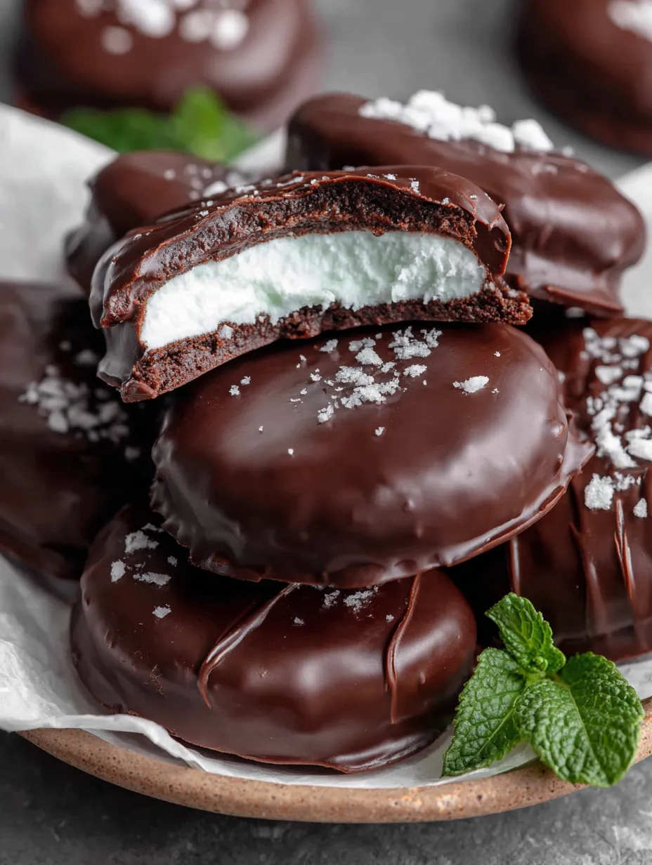 A stack of chocolate covered peppermint patties.