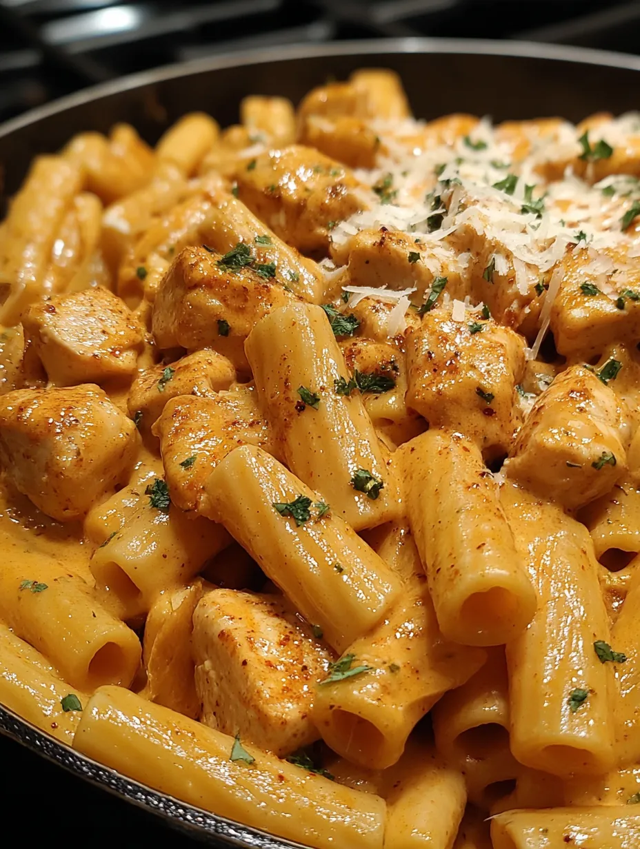 A dish of rigatoni with chicken and garlic butter.