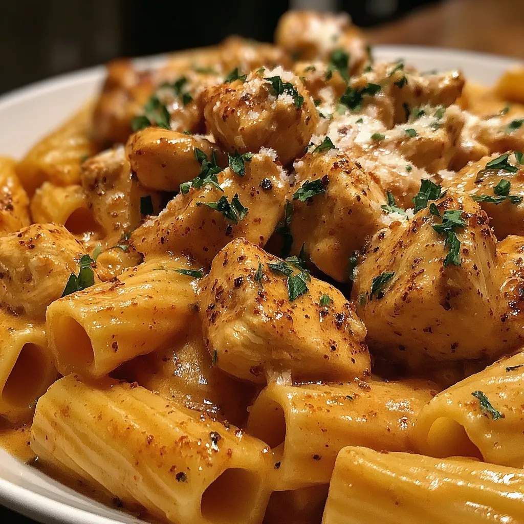 A bowl of rigatoni with chicken and garlic butter.