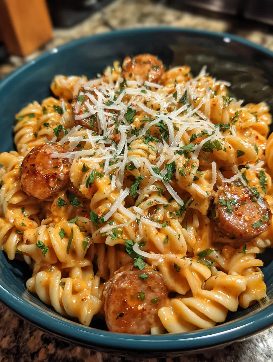 A bowl of creamy cajun spicy sausage rotini.