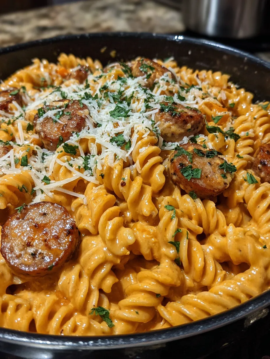 A dish of Cajun spicy sausage rotini.
